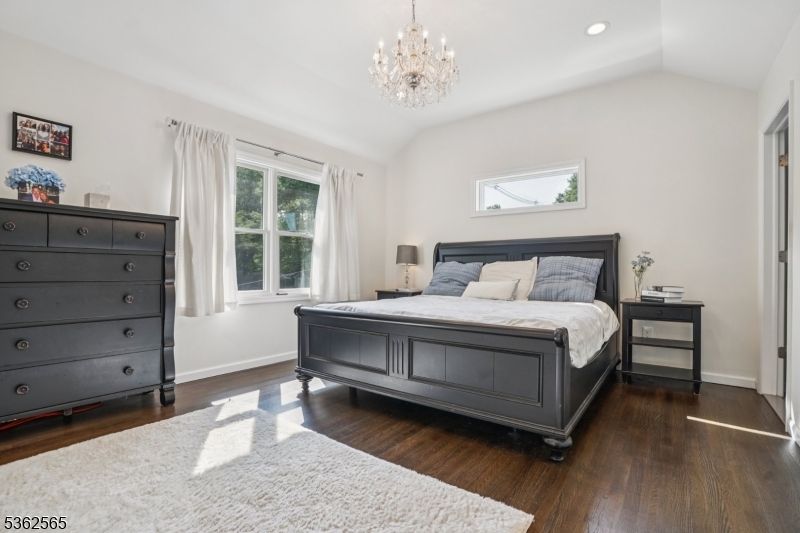 Bedroom, Chandelier, Interior, Recessed Lighting, Wood Texture Flooring