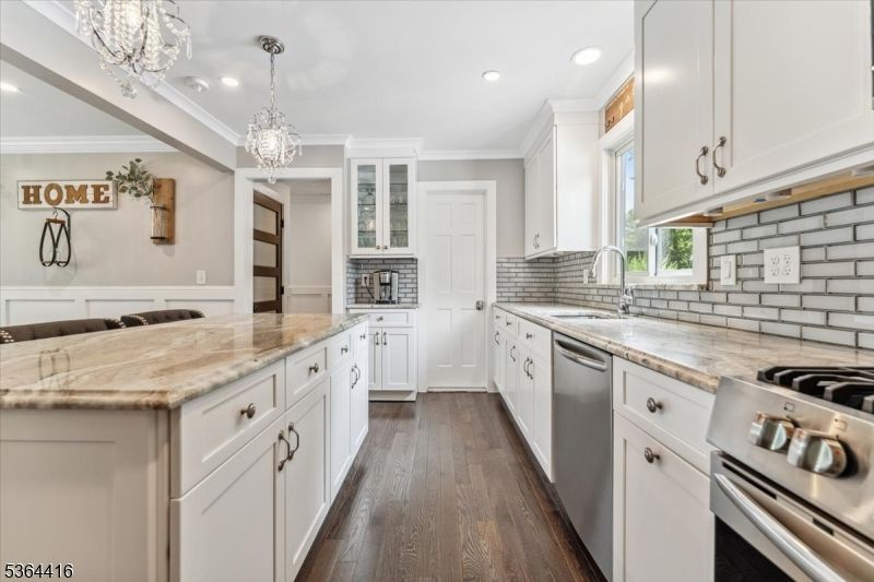 Chandelier, Interior, Kitchen, Pendant Lights, Recessed Lighting, Stainless Steel Appliances, Wood Texture Flooring