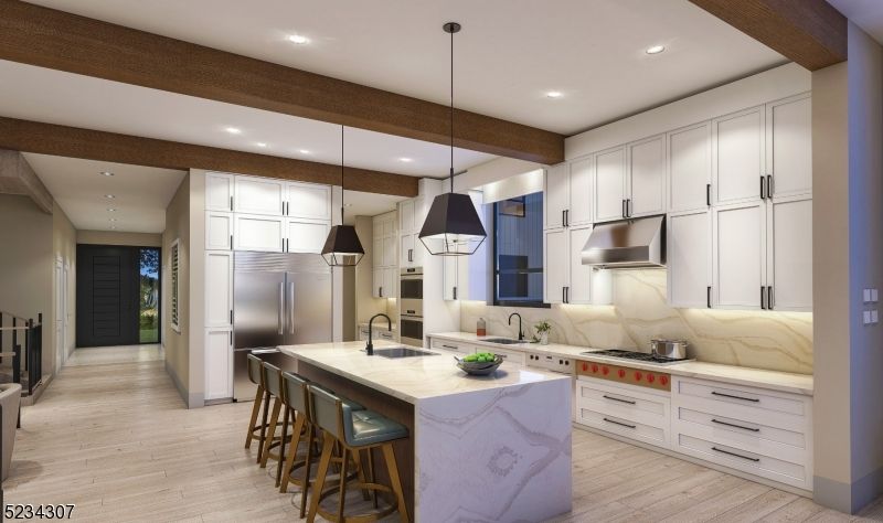 Interior, Kitchen, Pendant Lights, Recessed Lighting, Stainless Steel Appliances, Wooden Beams, Wood Texture Flooring