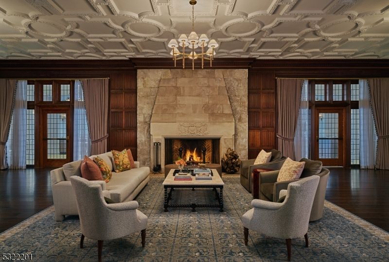 Chandelier, Fireplace, Interior, Living room, Stone Walls, Wood Texture Flooring