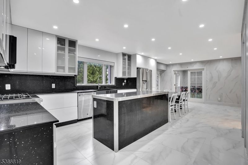 Interior, Kitchen, Marble, Marble Walls, Recessed Lighting, Stainless Steel Appliances