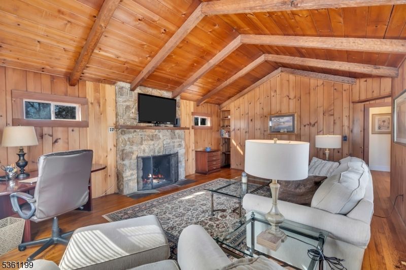 Fireplace, Home Office, Interior, Living room, Stone Walls, Wooden Beams, Wooden Ceilings, Wood Texture Flooring, Wooden Walls