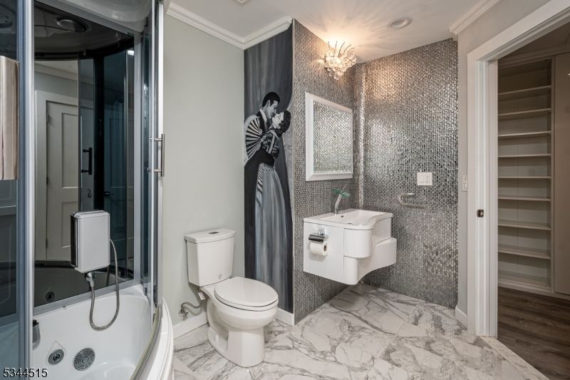 Bathroom, Chandelier, Glass Shower, Interior, Marble, Recessed Lighting