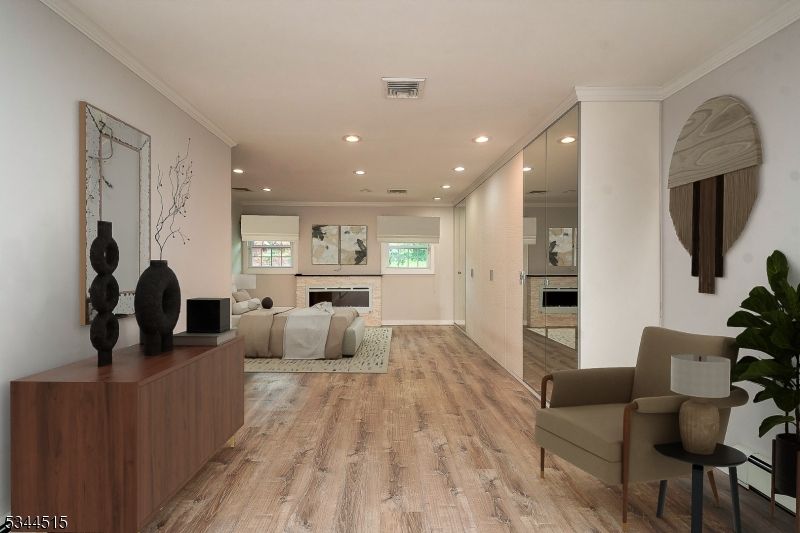 Fireplace, Interior, Living room, Recessed Lighting, Wood Texture Flooring