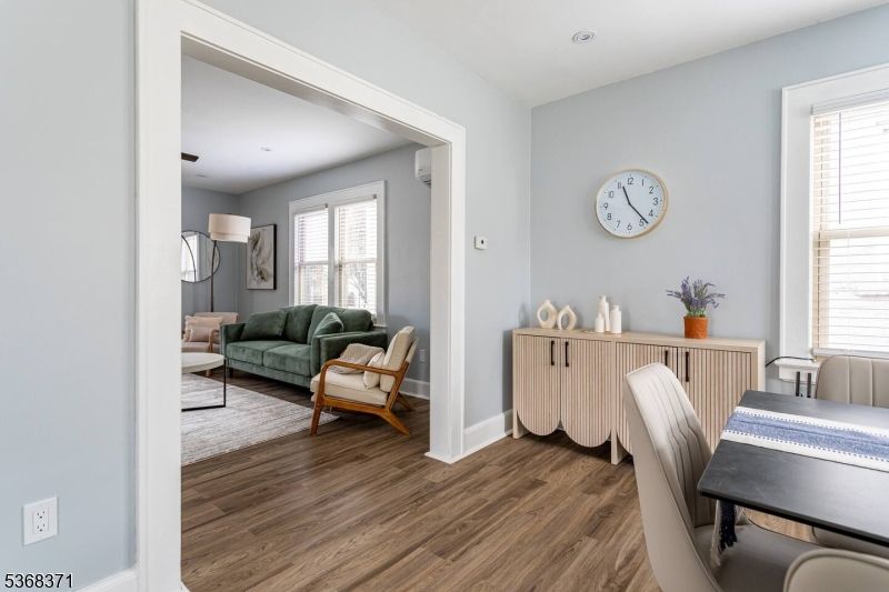 Dining room, Interior, Living room, Recessed Lighting, Wood Texture Flooring