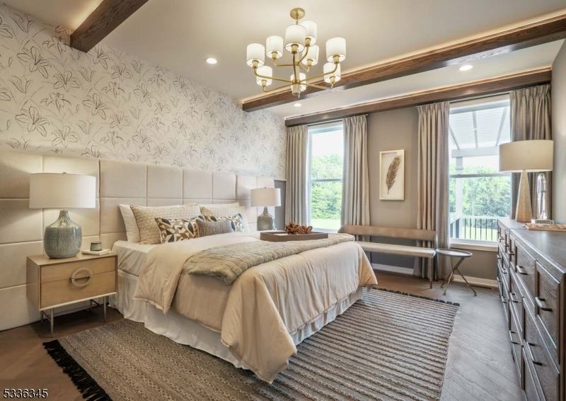Bedroom, Chandelier, Interior, Recessed Lighting, Wood Texture Flooring