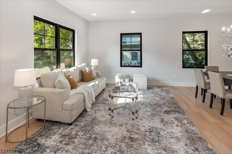 Dining room, Interior, Living room, Recessed Lighting, Wood Texture Flooring