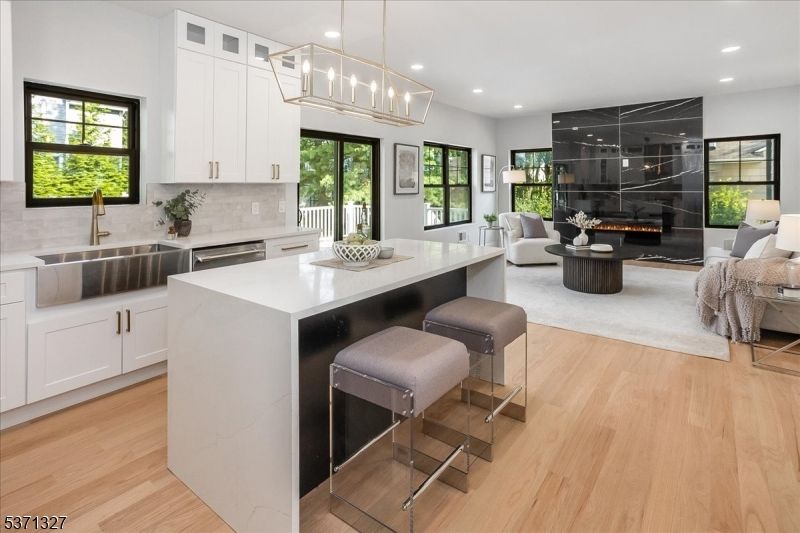 Fireplace, Interior, Kitchen, Living room, Pendant Lights, Recessed Lighting, Wood Texture Flooring