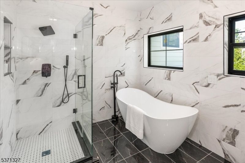 Bathroom, Free Standing Baths, Glass Shower, Interior, Marble Walls