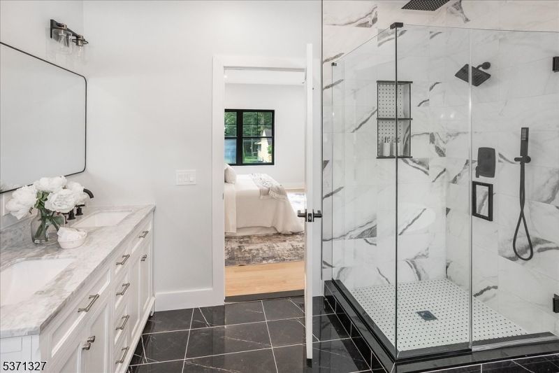 Bathroom, Bedroom, Dual Sink Vanities, Glass Shower, Interior, Marble Walls