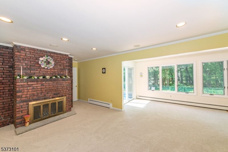 Empty room, Fireplace, Interior, Recessed Lighting, Stone Walls