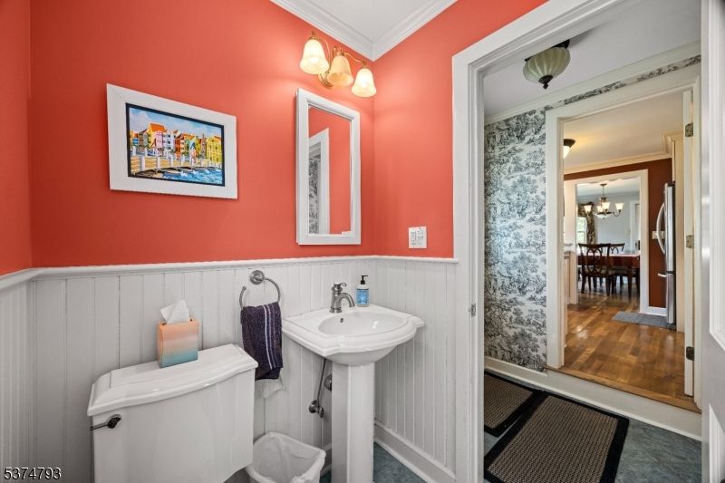 Bathroom, Chandelier, Dining room, Interior, Wood Texture Flooring