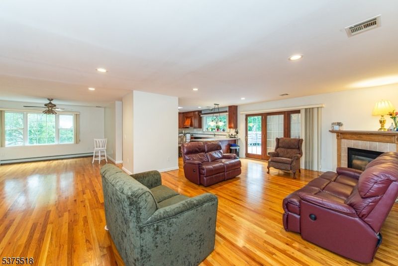 Fireplace, Interior, Kitchen, Living room, Pendant Lights, Recessed Lighting, Wood Texture Flooring