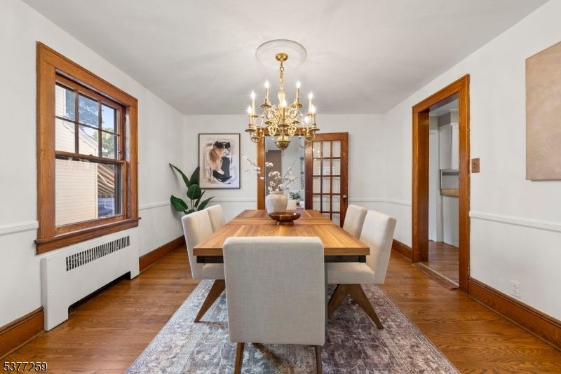 Chandelier, Dining room, Interior, Wood Texture Flooring