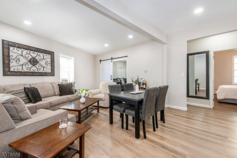Dining room, Interior, Living room, Recessed Lighting, Wood Texture Flooring