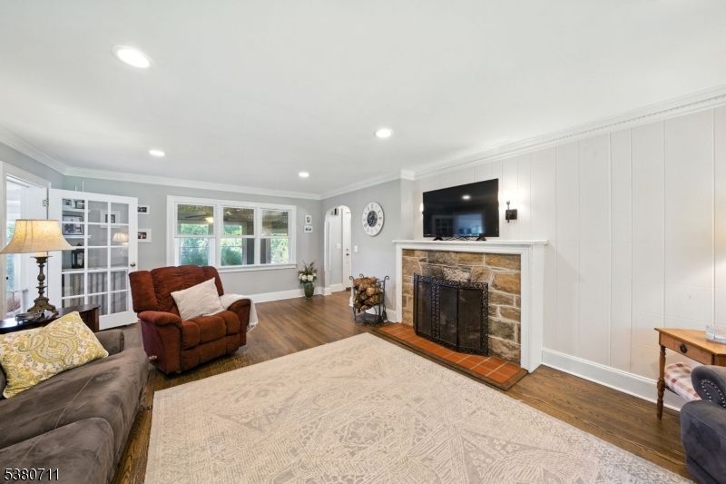 Fireplace, Interior, Living room, Recessed Lighting, Wood Texture Flooring