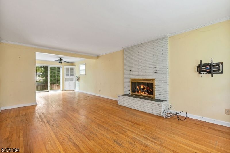 Empty room, Fireplace, Interior, Stone Walls, Wood Texture Flooring