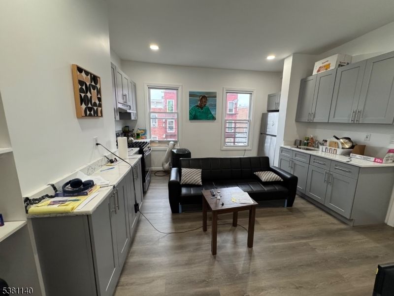 Interior, Kitchen, Living room, Recessed Lighting, Wood Texture Flooring