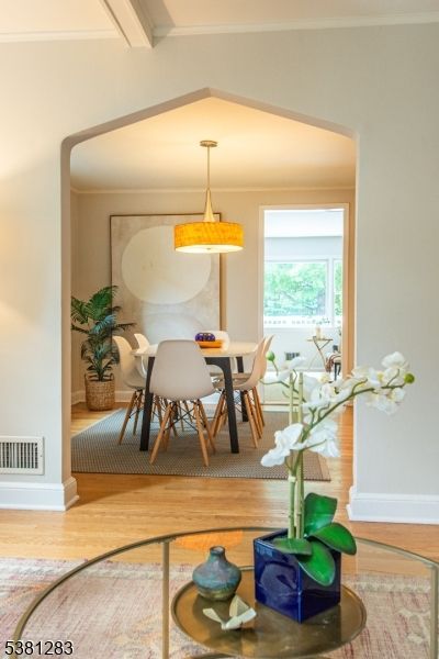 Dining room, Interior, Pendant Lights, Wood Texture Flooring