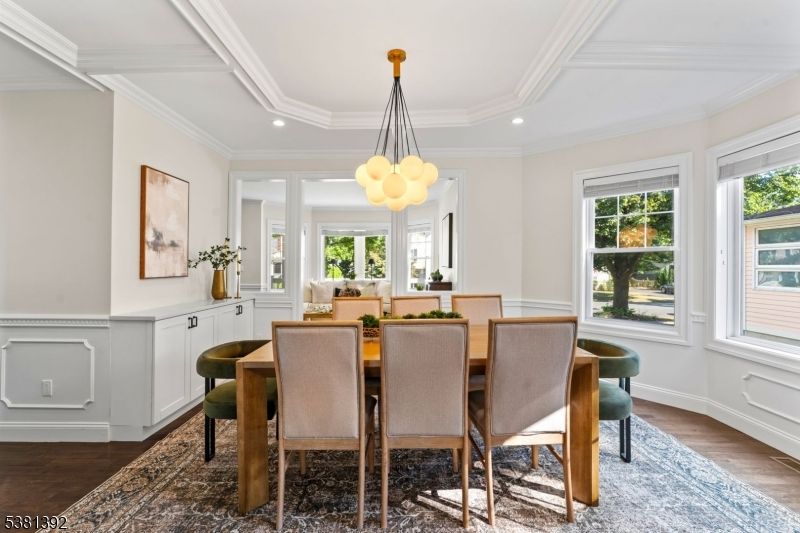 Dining room, Interior, Pendant Lights, Recessed Lighting, Wood Texture Flooring