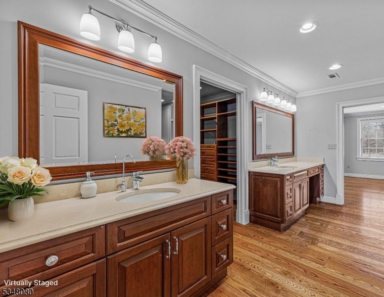 Bathroom, Dual Sink Vanities, Interior, Recessed Lighting, Wood Texture Flooring