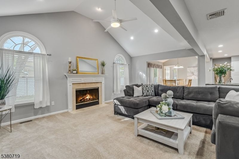 Dining room, Fireplace, Interior, Living room, Pendant Lights, Recessed Lighting