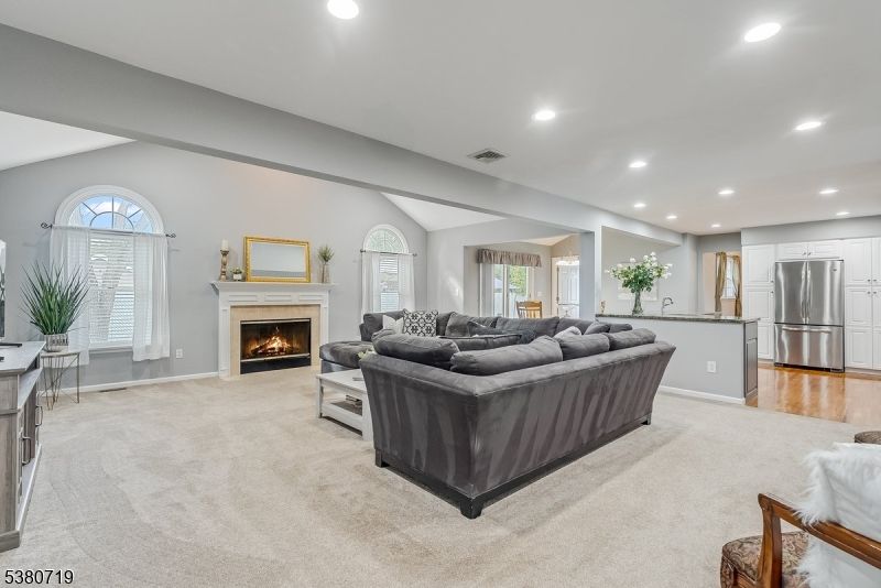 Fireplace, Interior, Kitchen, Living room, Recessed Lighting, Stainless Steel Appliances