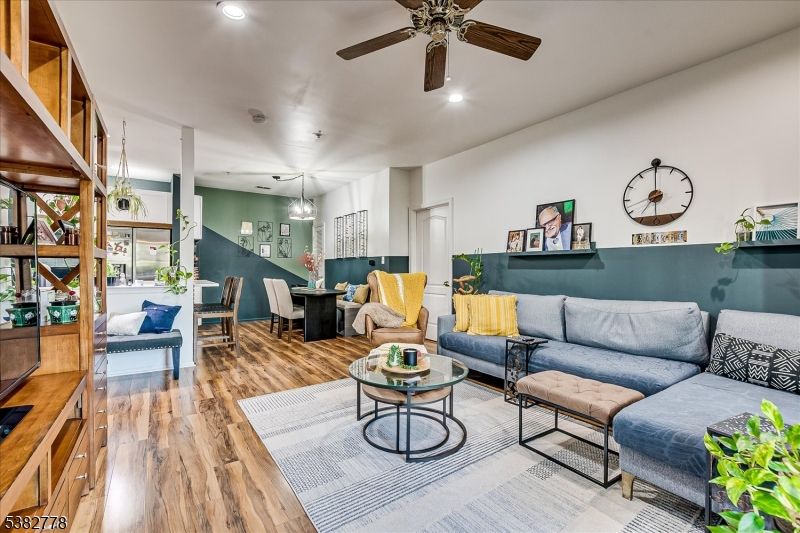Dining room, Interior, Living room, Pendant Lights, Recessed Lighting, Wood Texture Flooring