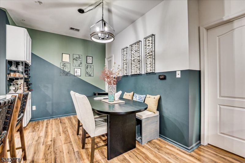 Dining room, Interior, Pendant Lights, Wood Texture Flooring