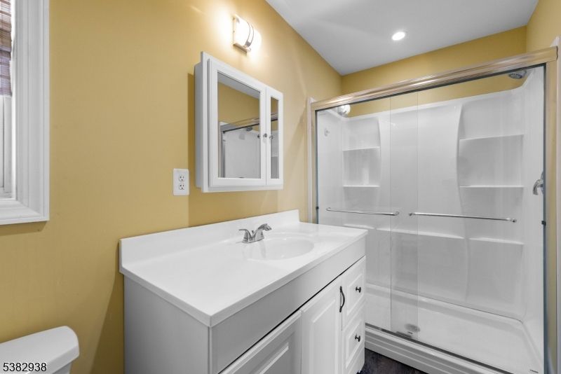 Bathroom, Glass Shower, Interior, Recessed Lighting, Wood Texture Flooring