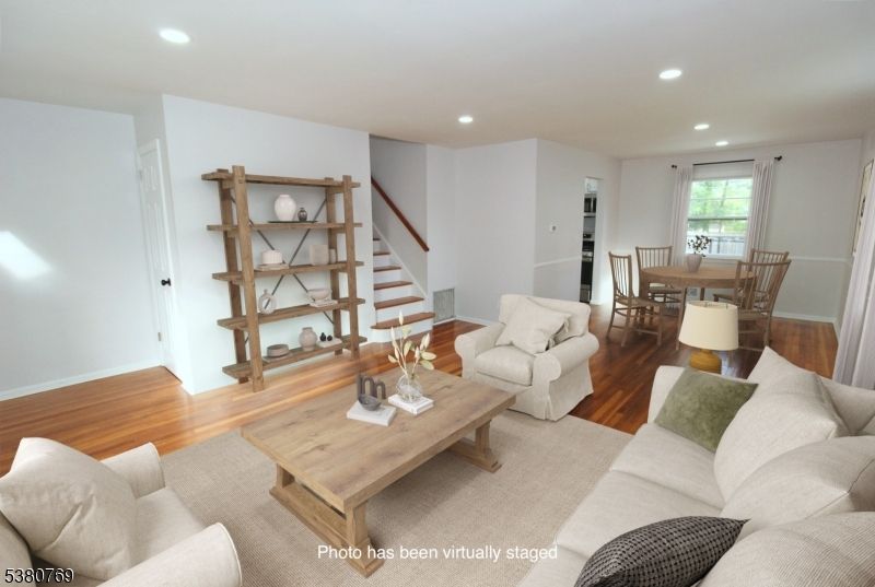 Dining room, Interior, Living room, Recessed Lighting, Wood Texture Flooring