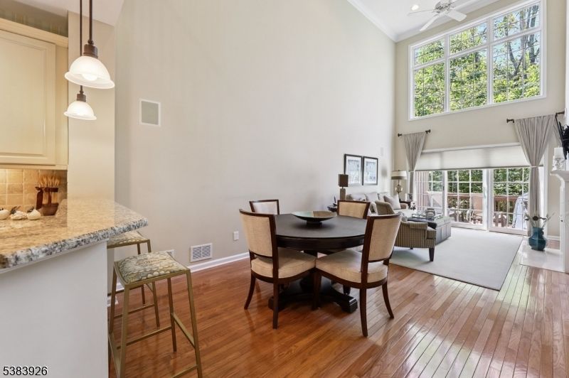 Dining room, Interior, Living room, Pendant Lights, Wood Texture Flooring