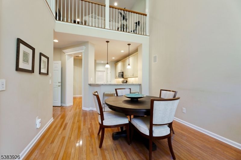 Dining room, Interior, Kitchen, Pendant Lights, Recessed Lighting, Wood Texture Flooring