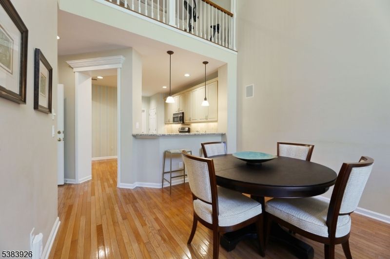 Dining room, Interior, Kitchen, Pendant Lights, Recessed Lighting, Wood Texture Flooring