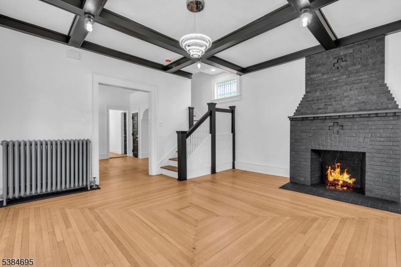 Fireplace, Interior, Pendant Lights, Recessed Lighting, Wooden Beams, Wood Texture Flooring