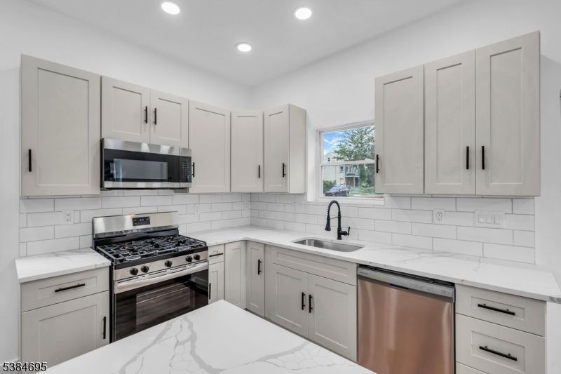 Interior, Kitchen, Marble, Recessed Lighting, Stainless Steel Appliances