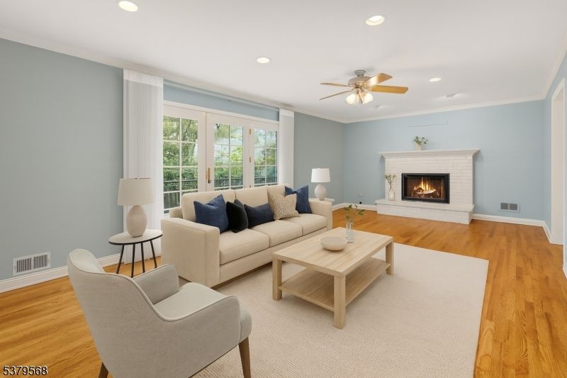 Fireplace, Interior, Living room, Recessed Lighting, Wood Texture Flooring