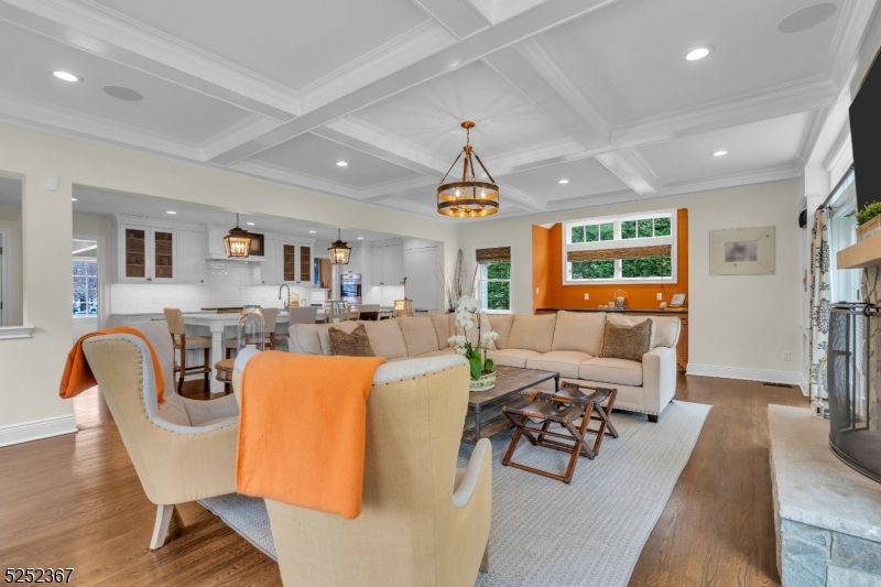 Dining room, Fireplace, Interior, Kitchen, Living room, Pendant Lights, Recessed Lighting, Wood Texture Flooring