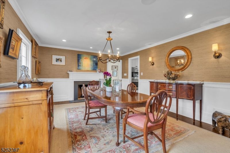 Chandelier, Dining room, Fireplace, Interior, Recessed Lighting, Wood Texture Flooring