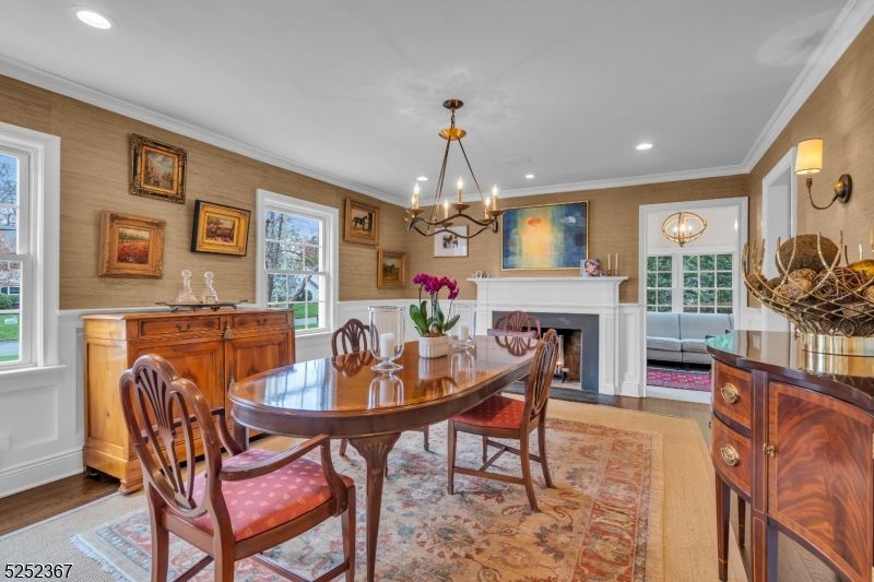 Chandelier, Dining room, Fireplace, Interior, Recessed Lighting, Wood Texture Flooring