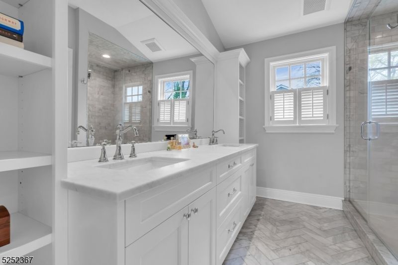 Bathroom, Dual Sink Vanities, Glass Shower, Interior, Marble, Recessed Lighting