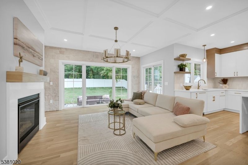 Fireplace, Interior, Kitchen, Living room, Pendant Lights, Recessed Lighting, Wood Texture Flooring