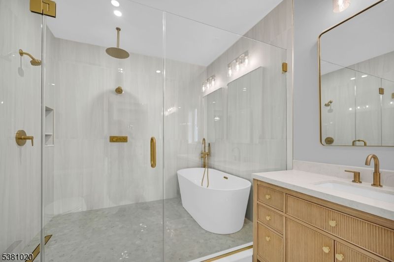 Bathroom, Free Standing Baths, Glass Shower, Interior, Recessed Lighting