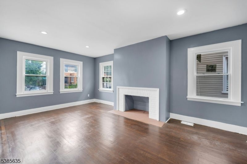 Empty room, Fireplace, Interior, Recessed Lighting, Wood Texture Flooring