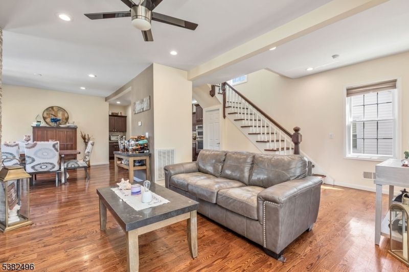 Dining room, Interior, Living room, Recessed Lighting, Wood Texture Flooring