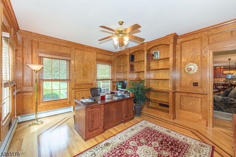 Home Office, Interior, Pendant Lights, Wood Texture Flooring, Wooden Walls