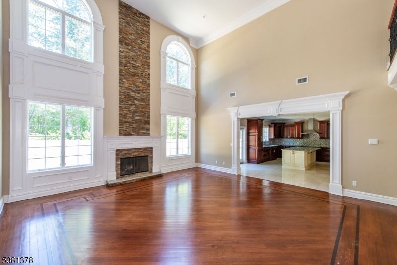 Empty room, Fireplace, Interior, Kitchen, Stone Walls, Wood Texture Flooring