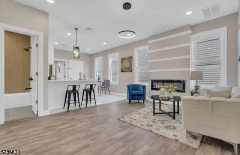 Fireplace, Interior, Living room, Pendant Lights, Recessed Lighting, Wood Texture Flooring