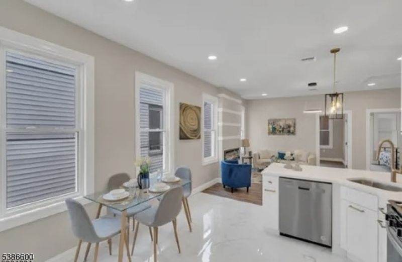 Dining room, Interior, Kitchen, Living room, Marble, Pendant Lights, Recessed Lighting, Stainless Steel Appliances