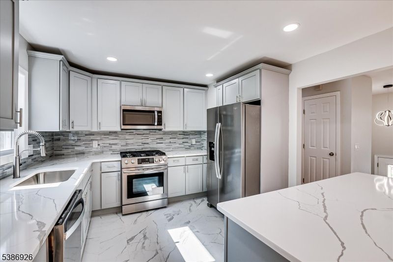 Interior, Kitchen, Marble, Recessed Lighting, Stainless Steel Appliances